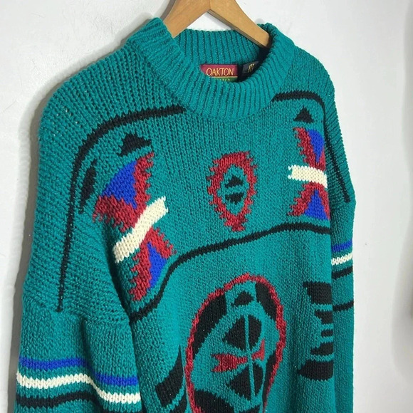 Vintage 90s Oakton Aztec All Over Print Grandpa Aesthetic Teal Knit Sweater - Picture 4 of 8